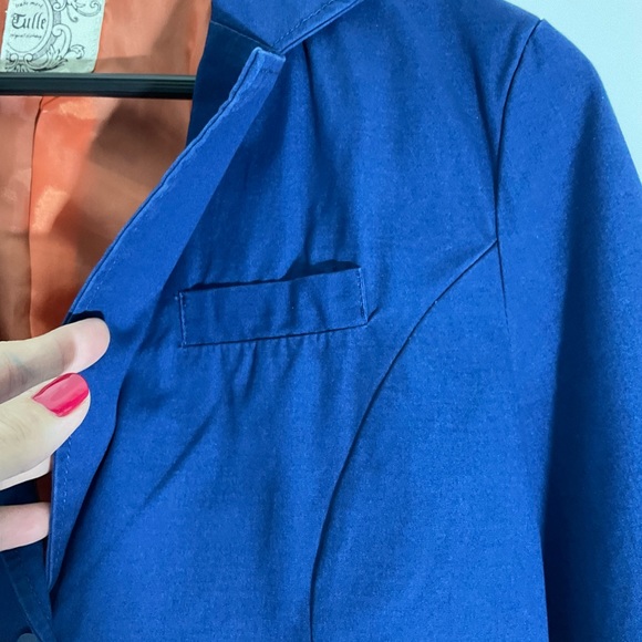 Tulle Blazer Button Up V-Neck Styling Long Sleeve Pockets Blue Pockets Size SM - Picture 11 of 14